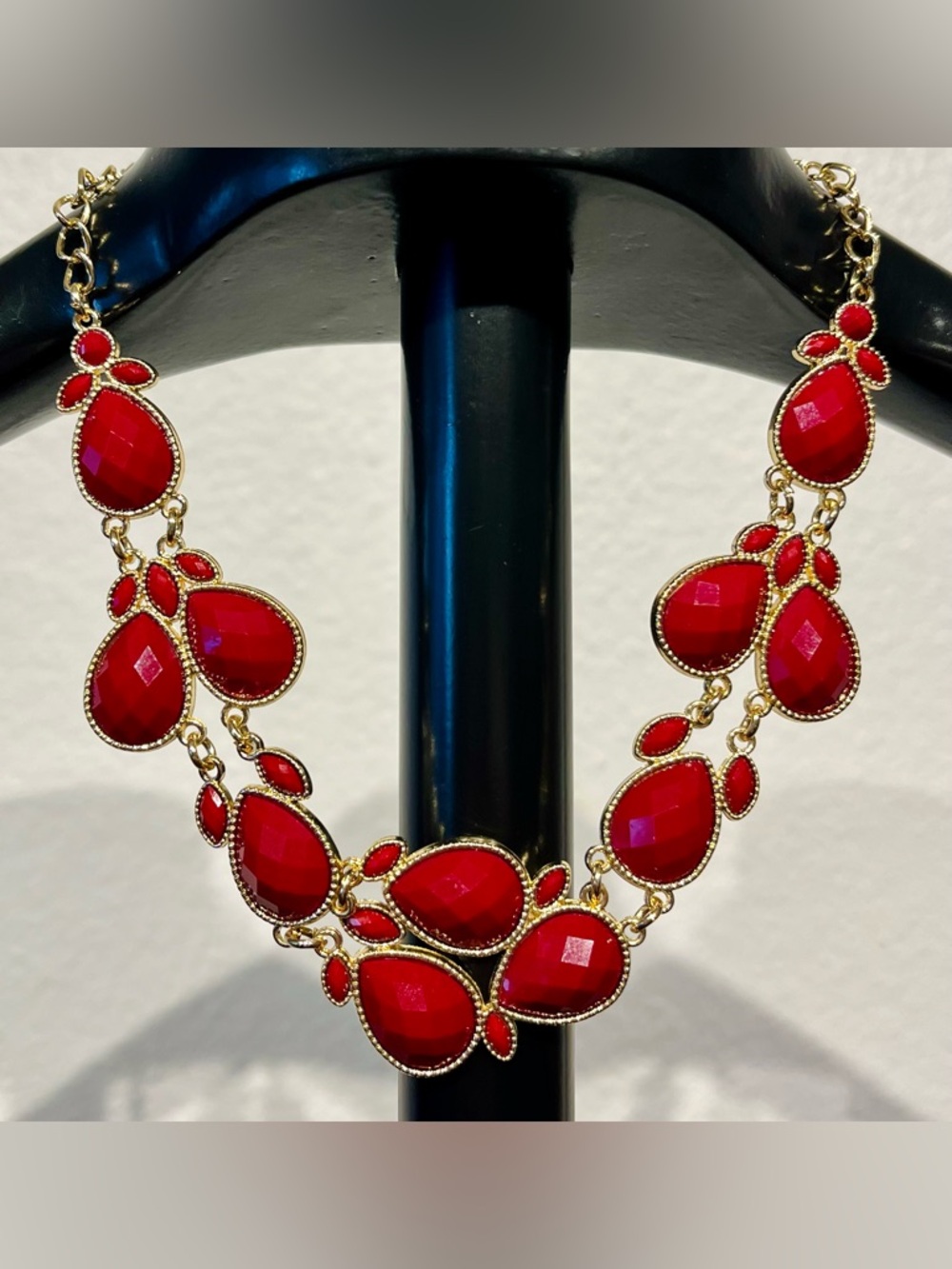 Vintage Red Statement Bib Necklace with Gold Trim